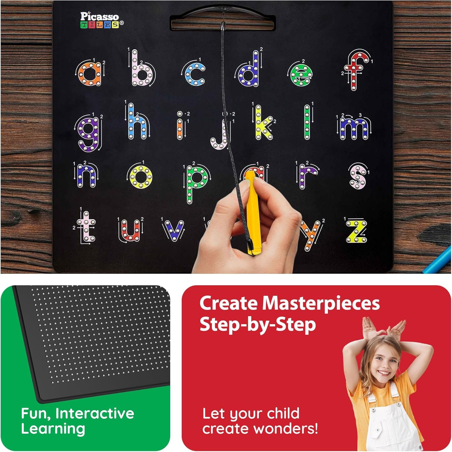 PicassoTiles 2PK 4-in-1 Magnetic Drawing Board 12x10 inch Large Magnet Tablet Pad with 4 Facings Lowercase & Uppercase Alphabets, Numbers, & Freestyle STEM Learning Writing Reading Playboard PTB06 - Image 5
