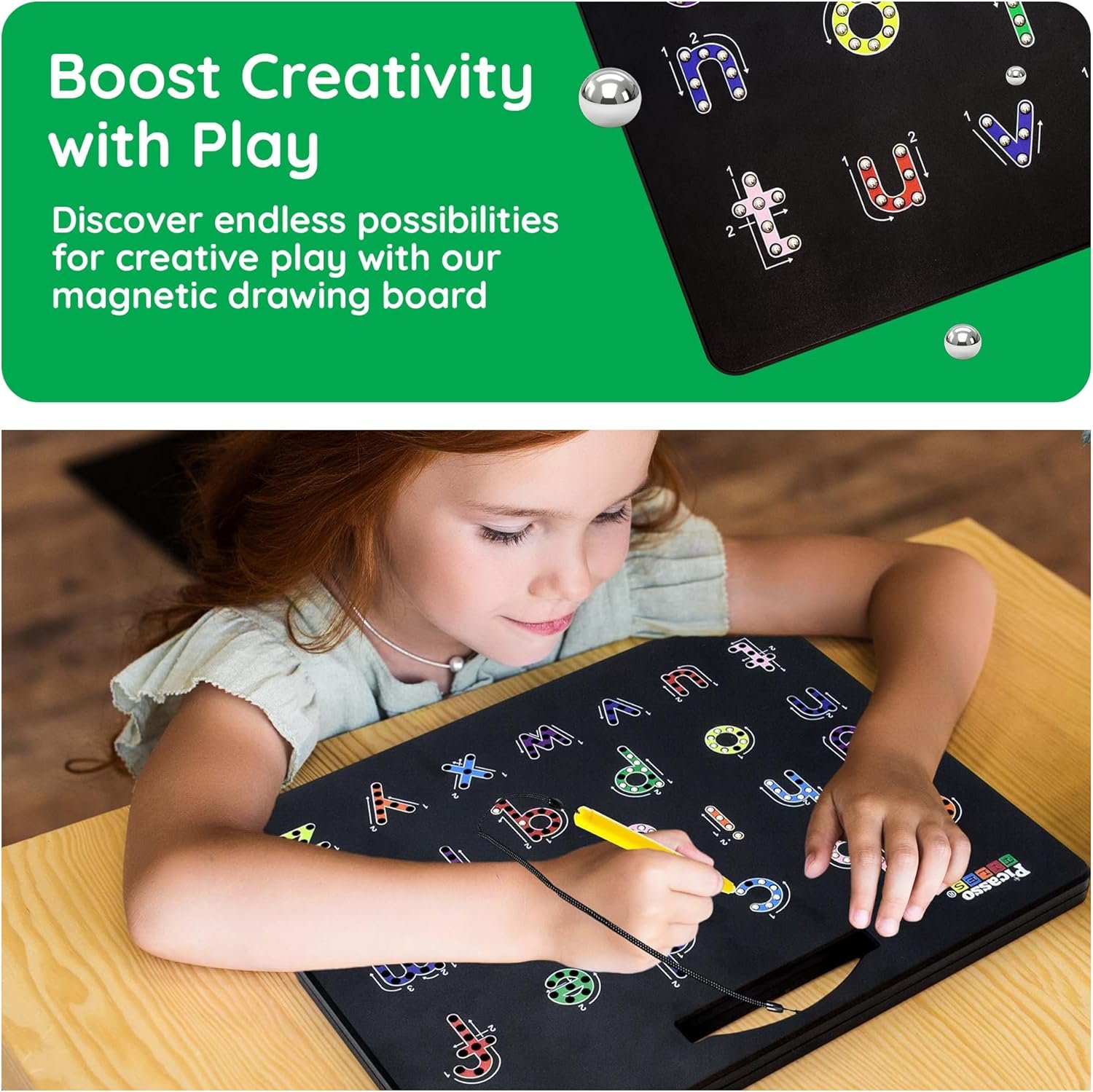 PicassoTiles 2PK 4-in-1 Magnetic Drawing Board 12x10 inch Large Magnet Tablet Pad with 4 Facings Lowercase & Uppercase Alphabets, Numbers, & Freestyle STEM Learning Writing Reading Playboard PTB06 - Image 7