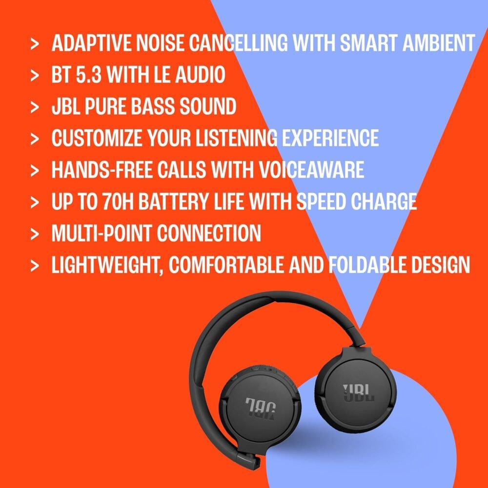 JBL Tune 670NC - Adaptive Noise Cancelling with Smart Ambient Wireless On-Ear Headphones, Up to 70H Battery Life with Speed Charge, Lightweight, Comfortable and Foldable Design (Purple) (Renewed) - Image 6