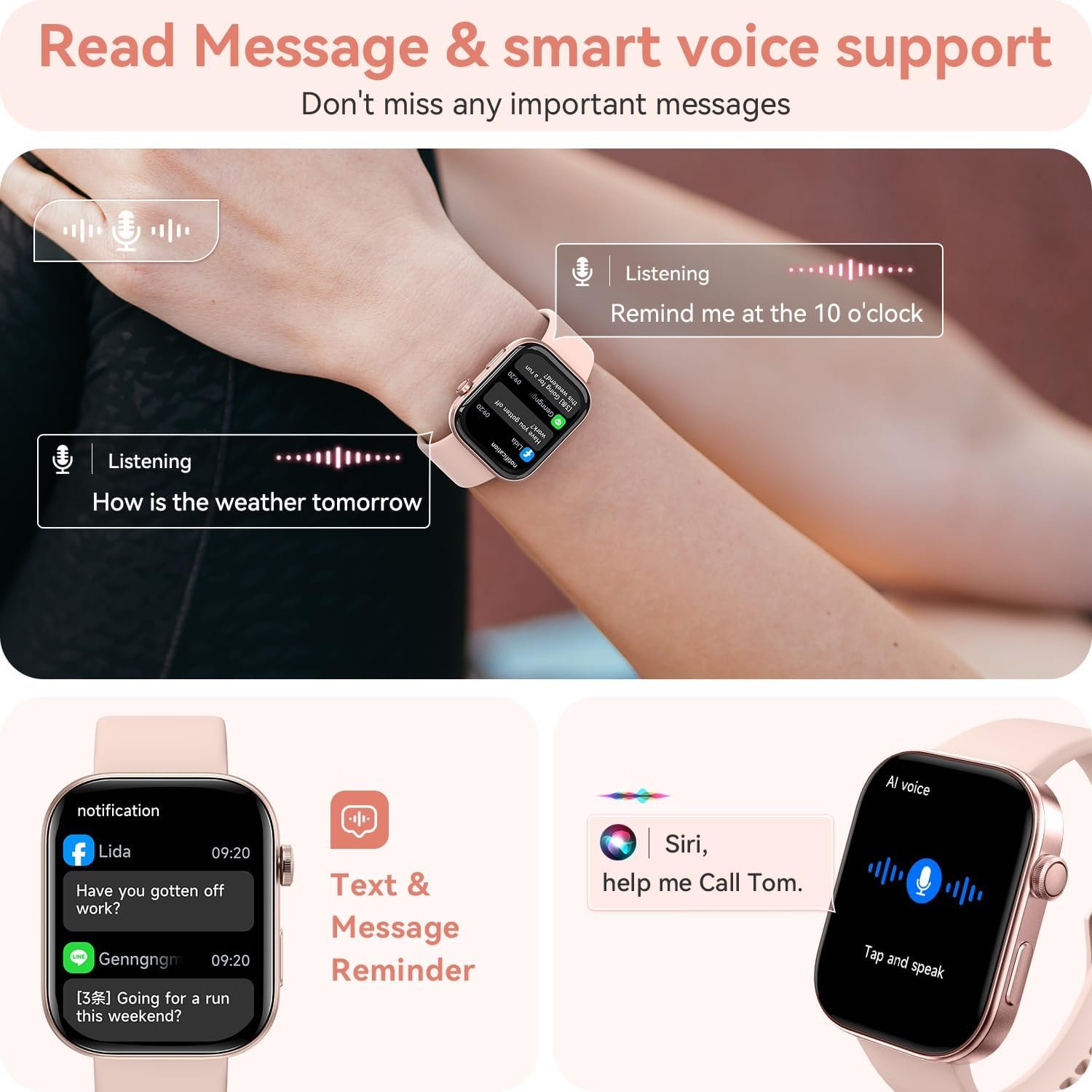 ENOMIR Smart Watch for Women iPhone & Android,1.99"" AMOLDE Screen 3ATM Waterproof Fitness Watch with Answer/Make Call AI Voice,24H-Heart Rate/SpO2/BP Monitor/Sleep Monitor,100+ Sports Modes, Pink - Image 4