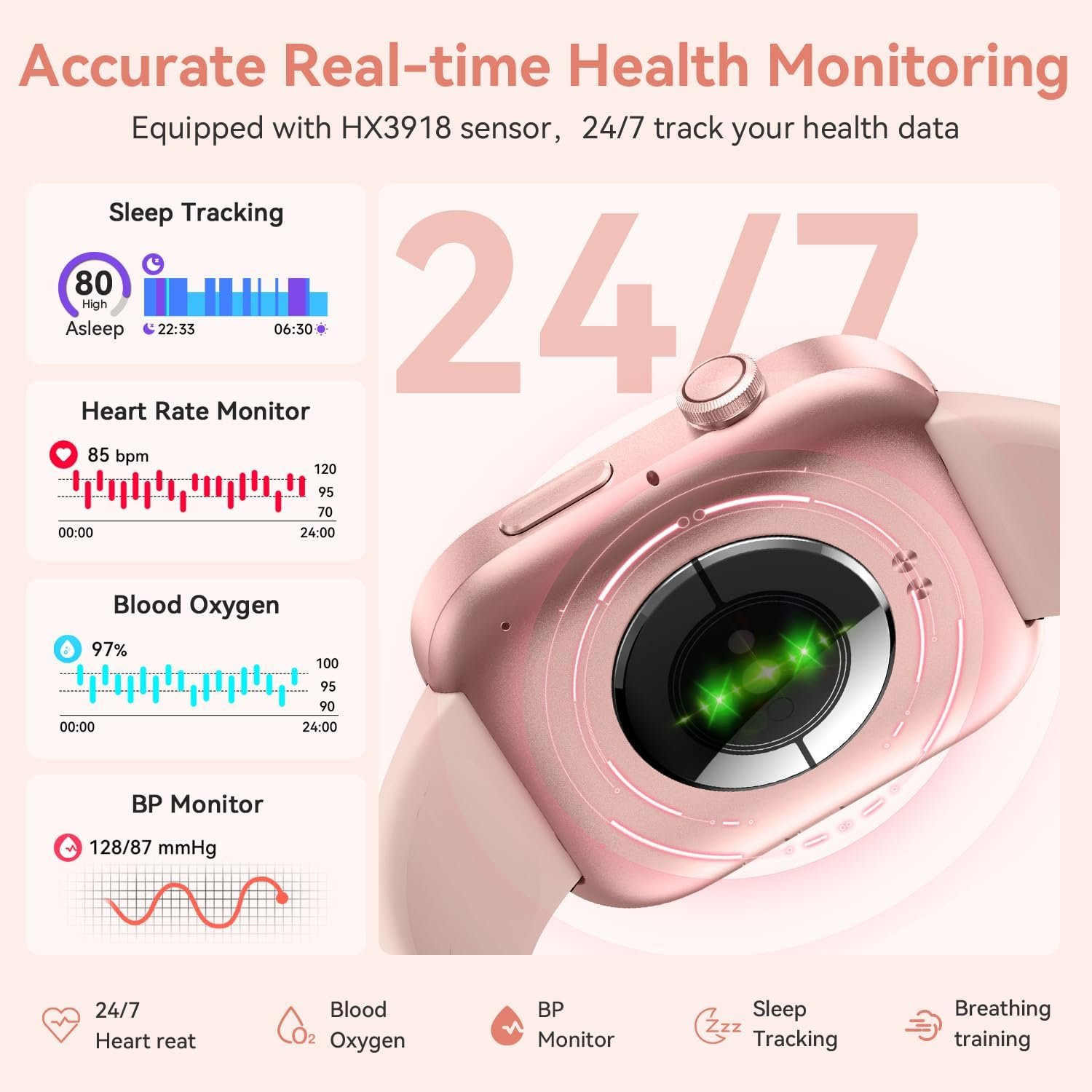 ENOMIR Smart Watch for Women iPhone & Android,1.99"" AMOLDE Screen 3ATM Waterproof Fitness Watch with Answer/Make Call AI Voice,24H-Heart Rate/SpO2/BP Monitor/Sleep Monitor,100+ Sports Modes, Pink - Image 6