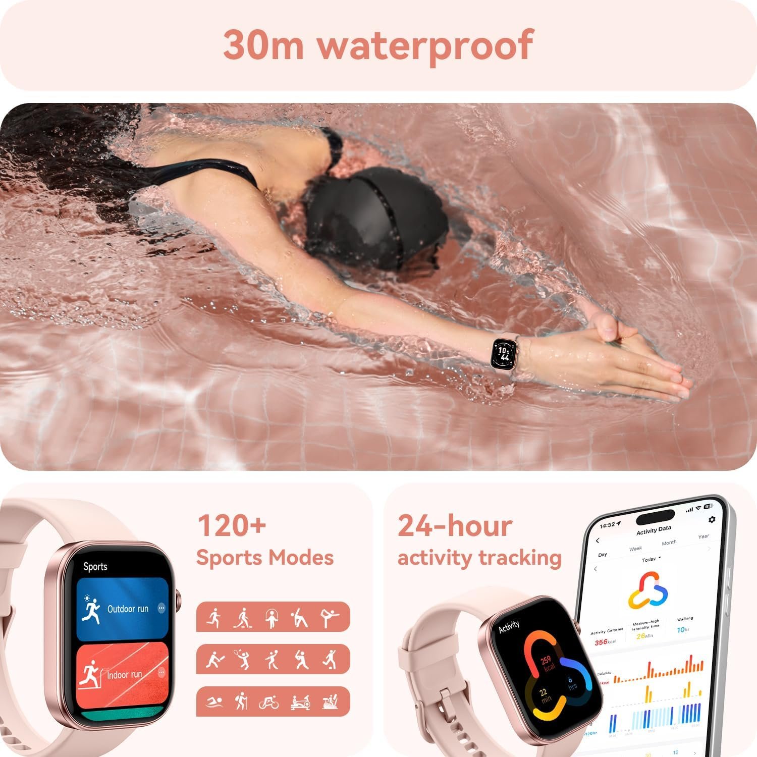 ENOMIR Smart Watch for Women iPhone & Android,1.99"" AMOLDE Screen 3ATM Waterproof Fitness Watch with Answer/Make Call AI Voice,24H-Heart Rate/SpO2/BP Monitor/Sleep Monitor,100+ Sports Modes, Pink - Image 8