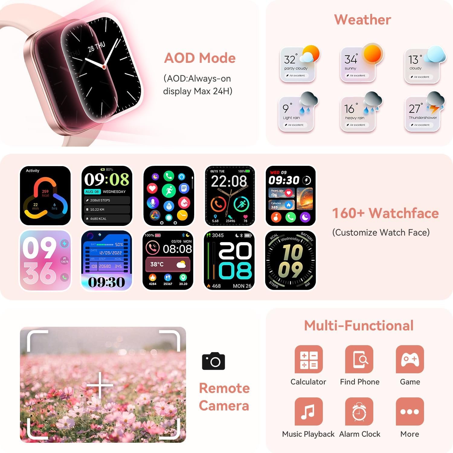 ENOMIR Smart Watch for Women iPhone & Android,1.99"" AMOLDE Screen 3ATM Waterproof Fitness Watch with Answer/Make Call AI Voice,24H-Heart Rate/SpO2/BP Monitor/Sleep Monitor,100+ Sports Modes, Pink - Image 9