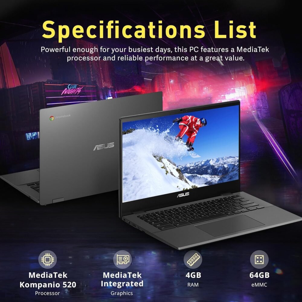 ASUS Chromebook CM1402 Laptop for Students Business, 14" FHD, MediaTek Kompanio 520, 4 GB RAM, 320 GB (64GB eMMC+256GB MSD), WiFi 6,Long-Lasting Battery, Chrome OS, Nonslip Mouse+32GB USB Flash Drive - Image 3