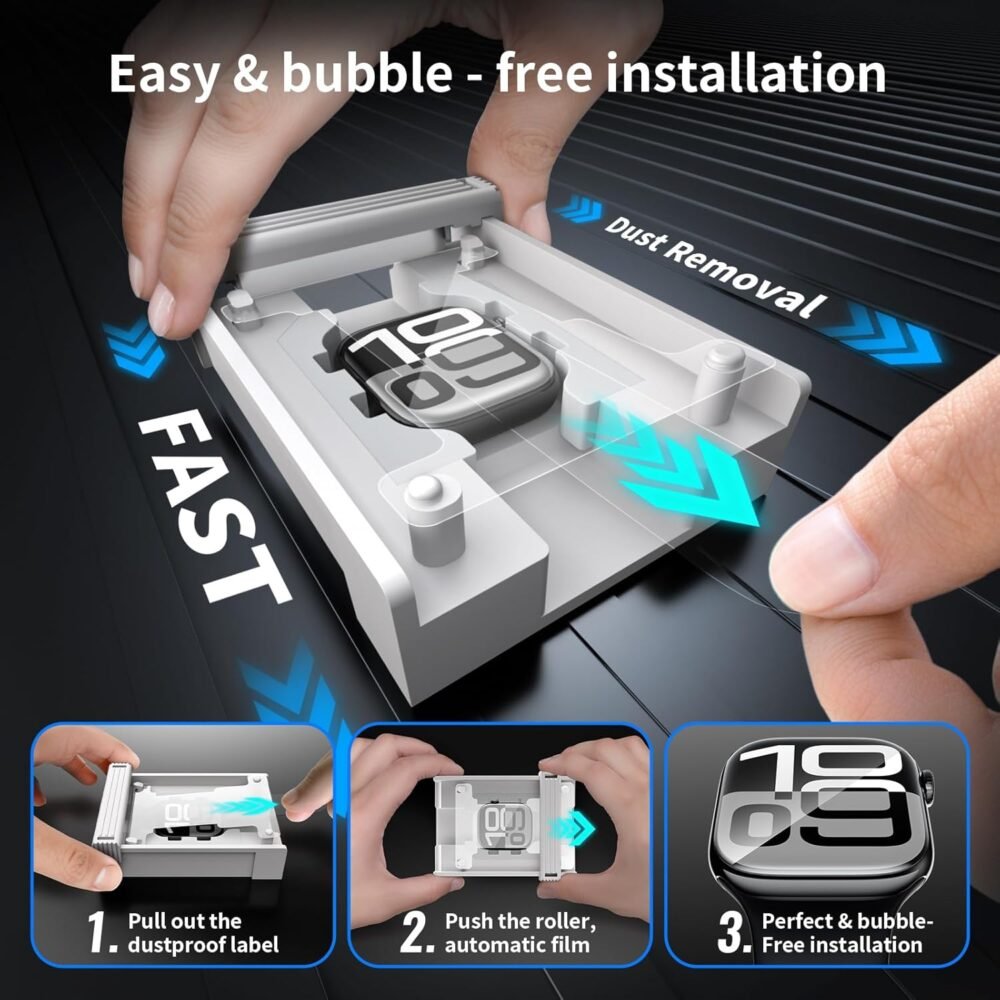 Smiling 2 Pack Screen Protector Compatible with Apple Watch Series 10 46mm, [Automatic Align Tech] Easy Installation, Anti-Scratch Flexible PMMA Film, Strong Asorption Screen Protector, Bubble Free - Image 3