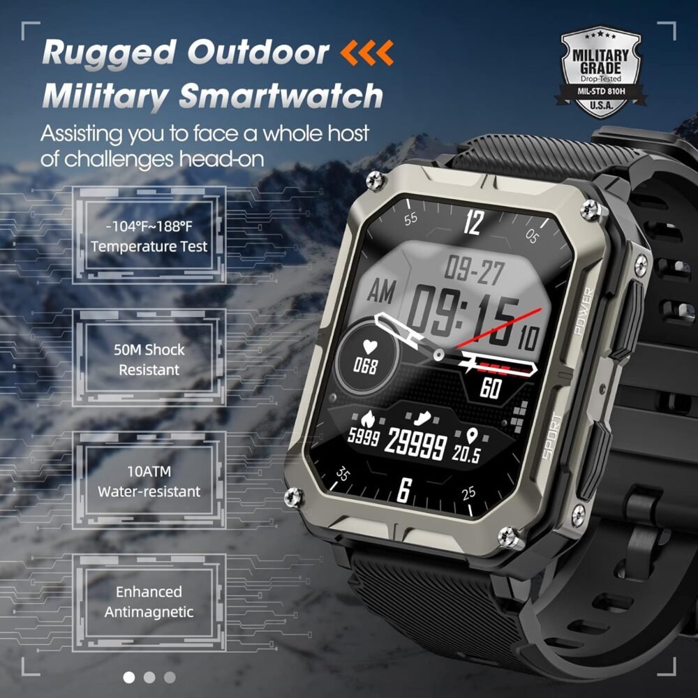 Rgthuhu Military Smart Watches for Men (Answer/Make Call), 100M Waterproof Rugged Smart Watch for Android Phones and iPhone, 1.9" Outdoor Sports Fitness Tracker with Heart Rate, Sleep Monitor, Black - Image 3