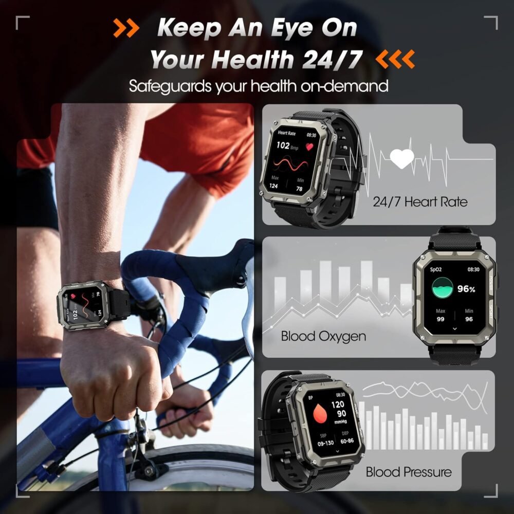 Rgthuhu Military Smart Watches for Men (Answer/Make Call), 100M Waterproof Rugged Smart Watch for Android Phones and iPhone, 1.9" Outdoor Sports Fitness Tracker with Heart Rate, Sleep Monitor, Black - Image 5