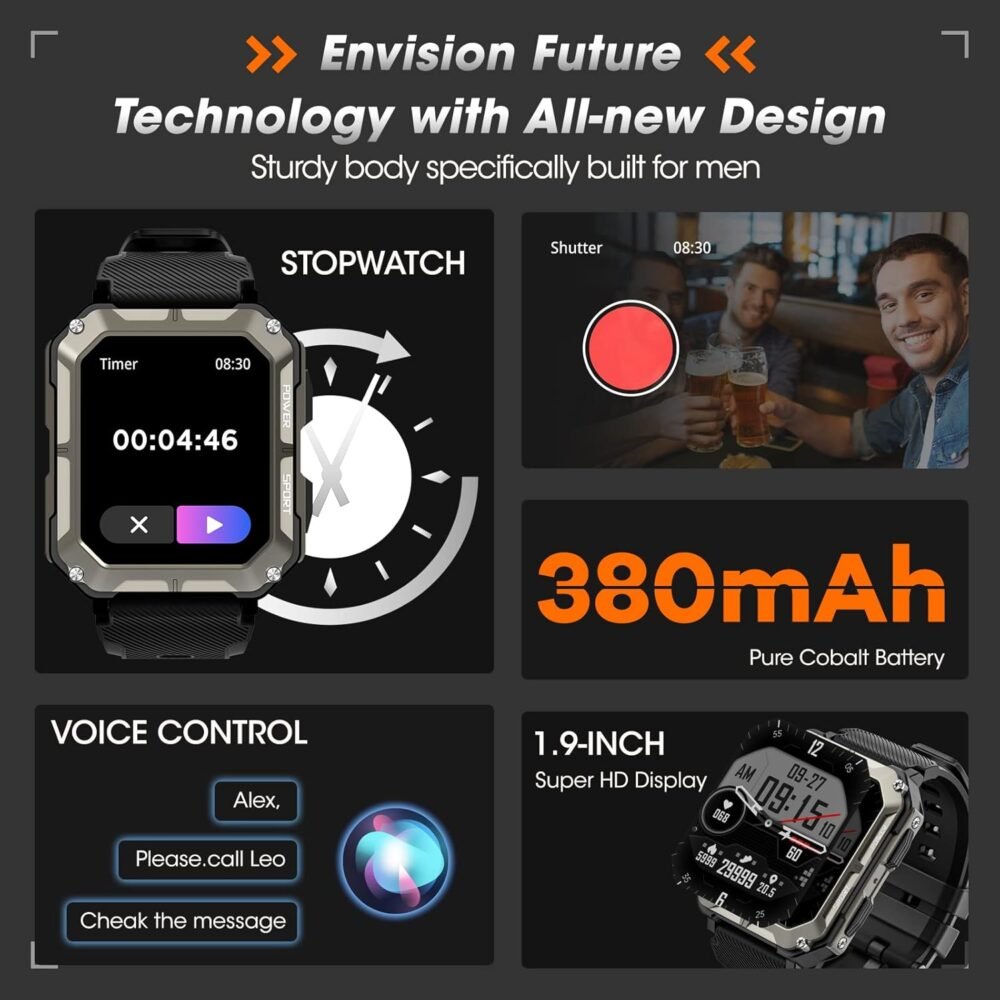 Rgthuhu Military Smart Watches for Men (Answer/Make Call), 100M Waterproof Rugged Smart Watch for Android Phones and iPhone, 1.9" Outdoor Sports Fitness Tracker with Heart Rate, Sleep Monitor, Black - Image 7