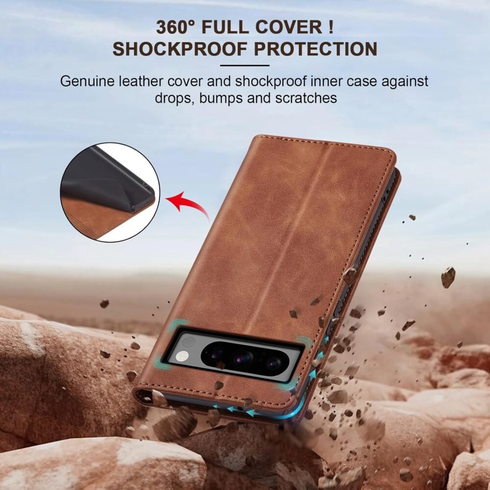 Flip Wallet Case for Google Pixel 8 Pro,Leather Magnetic Folio Cover with Card Holder,Kickstand - TPU Shockproof Durable Protective Phone Case,Brown - Image 5