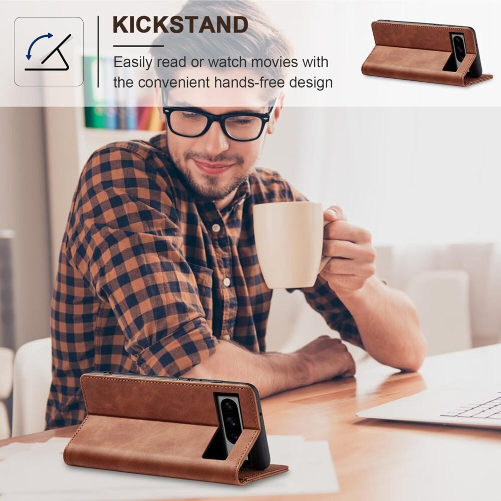 Flip Wallet Case for Google Pixel 8 Pro,Leather Magnetic Folio Cover with Card Holder,Kickstand - TPU Shockproof Durable Protective Phone Case,Brown - Image 6