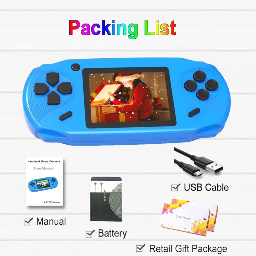 16 Bit Handheld Games for Kids Adults 3.0'' Large Screen Preloaded 100 HD Classic Retro Video Games USB Rechargeable Seniors Electronic Game Player Birthday Xmas Present (Blue) - Image 8