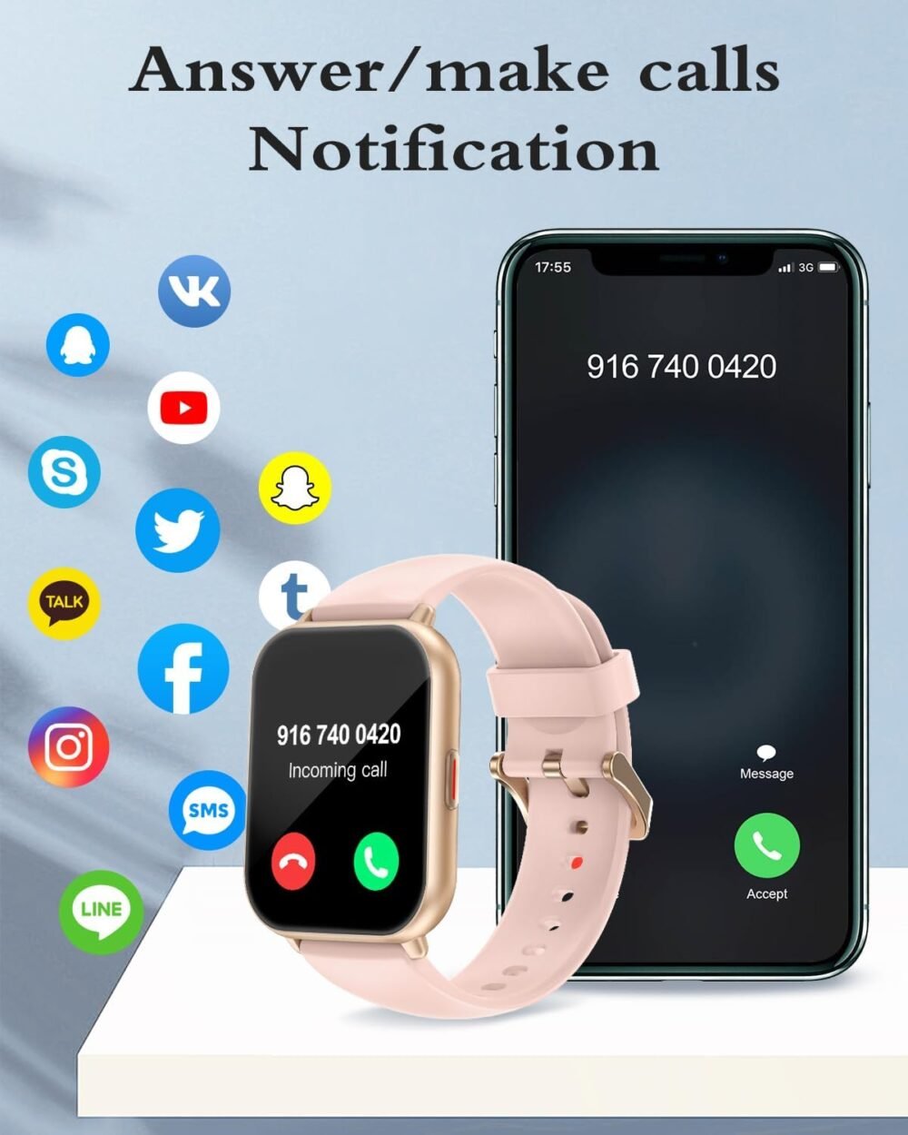 RUIMEN Smart Watches for Men Women (Answer/Make Calls), 1.8" Smartwatch for iOS/Android Phones, Fitness Tracker Watch with Heart Rate/Sleep Monitor Pedometer Waterproof (2 Bands Included), Pink - Image 3