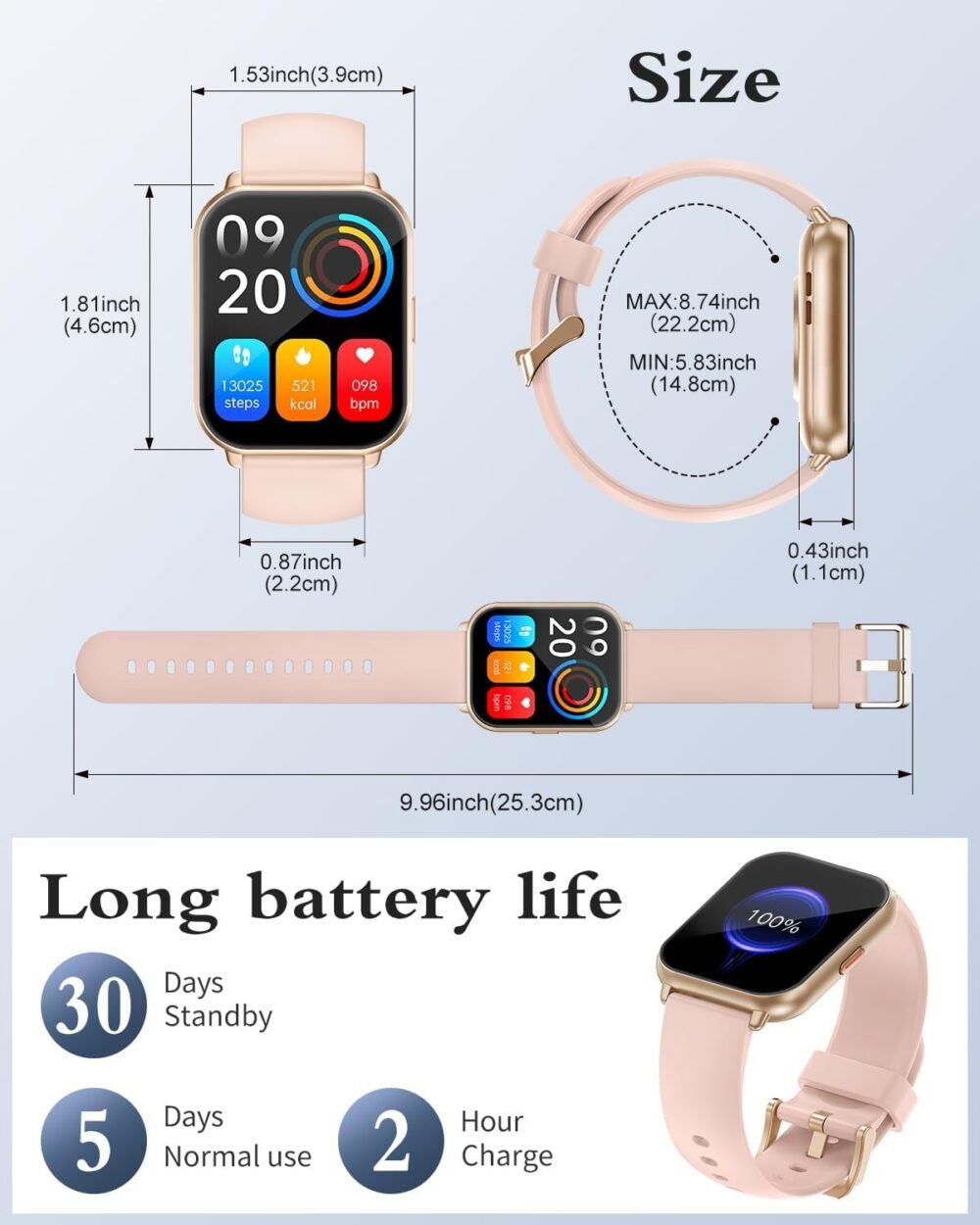 RUIMEN Smart Watches for Men Women (Answer/Make Calls), 1.8" Smartwatch for iOS/Android Phones, Fitness Tracker Watch with Heart Rate/Sleep Monitor Pedometer Waterproof (2 Bands Included), Pink - Image 9