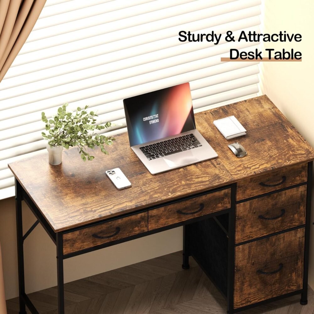 Computer Desk with 5 Drawers, 47 Inch Office Desk with Large Storage, Study Work Writing Desk for Home Office, Study, Bedroom, Industrial PC Desk, Rustic Brown - Image 6