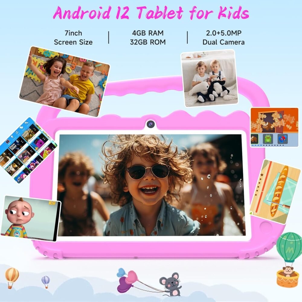 YQSAVIOR Kids Tablet, 7inch 4 GB RAM | Android 12 | 32GB ROM | Bluetooth, IPS Screen, Parental Control, Dual Camera, Shockproof Case | Educational, Games, Pink Case - Image 4