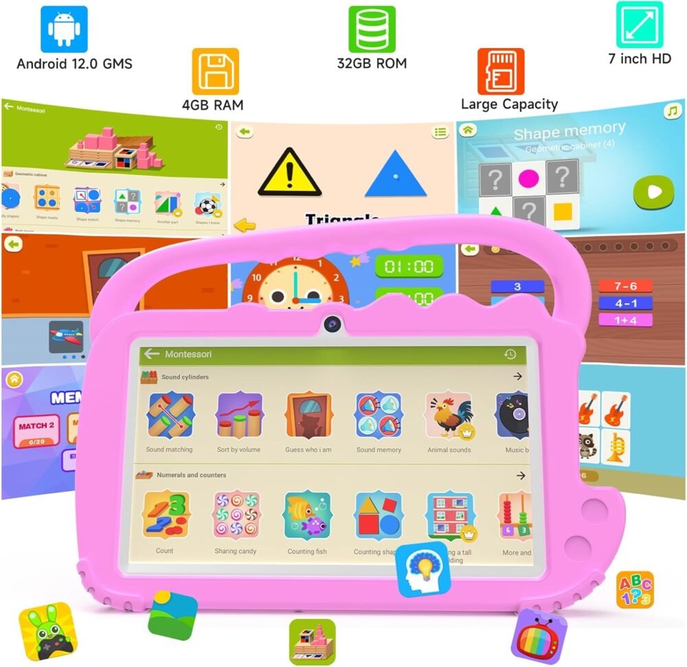 YQSAVIOR Kids Tablet, 7inch 4 GB RAM | Android 12 | 32GB ROM | Bluetooth, IPS Screen, Parental Control, Dual Camera, Shockproof Case | Educational, Games, Pink Case - Image 5