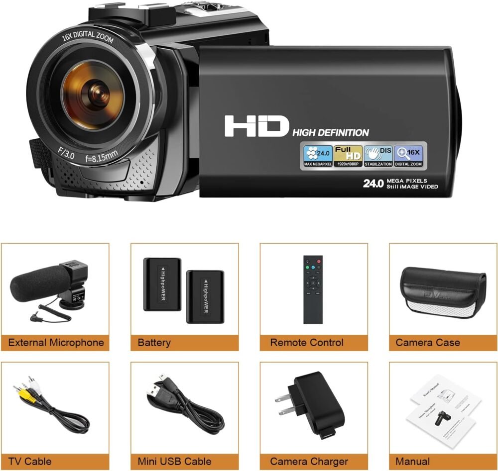 Video Camera Camcorder for YouTube, Digital Vlogging Camera FHD 1080P 30FPS 24MP 3.0 Inch 270° Rotation Screen Video Recorder with Microphone, Remote Control, 2 Batteries - Image 8