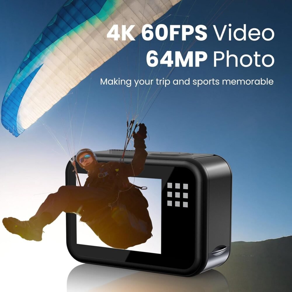Upgrade 4K60FPS WiFi Action Camera 64MP Waterproof Camera with Touch Rear Screen, 8X Zoom Underwater Camera Snorkeling 65FT No Need a Waterproof Case with 64GB Card, Ideal for Travel Sports Vlog - Image 3