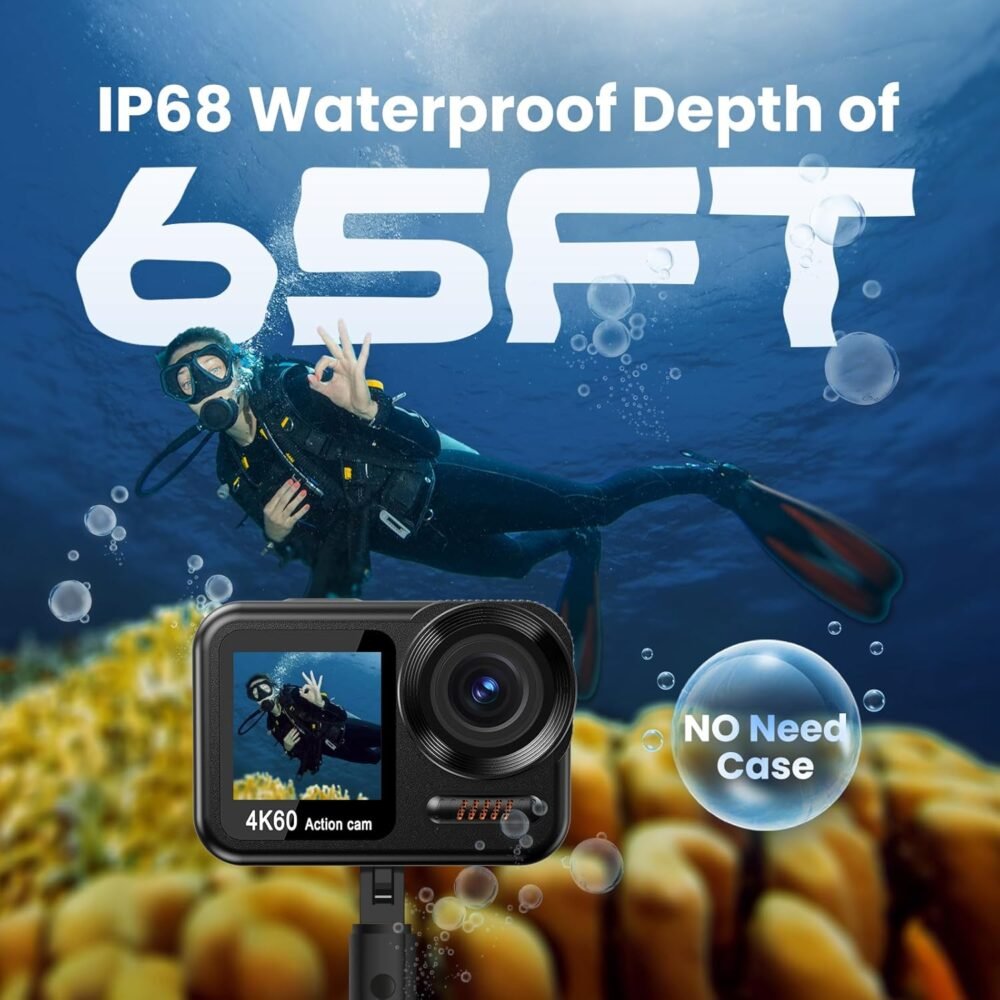 Upgrade 4K60FPS WiFi Action Camera 64MP Waterproof Camera with Touch Rear Screen, 8X Zoom Underwater Camera Snorkeling 65FT No Need a Waterproof Case with 64GB Card, Ideal for Travel Sports Vlog - Image 4