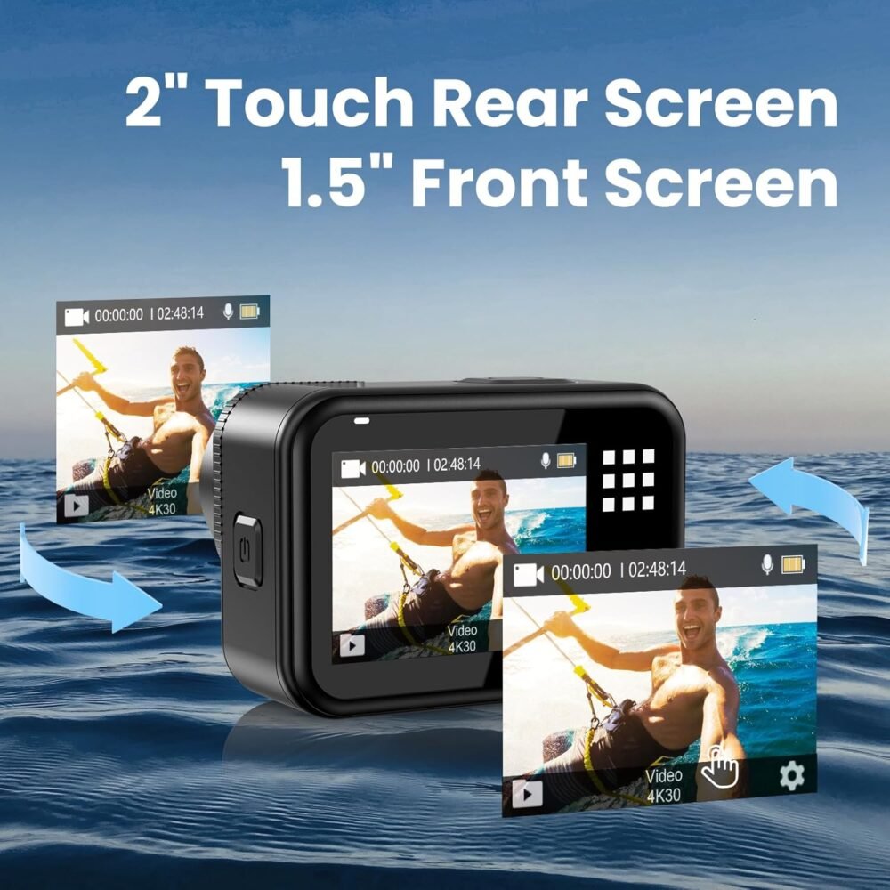 Upgrade 4K60FPS WiFi Action Camera 64MP Waterproof Camera with Touch Rear Screen, 8X Zoom Underwater Camera Snorkeling 65FT No Need a Waterproof Case with 64GB Card, Ideal for Travel Sports Vlog - Image 5