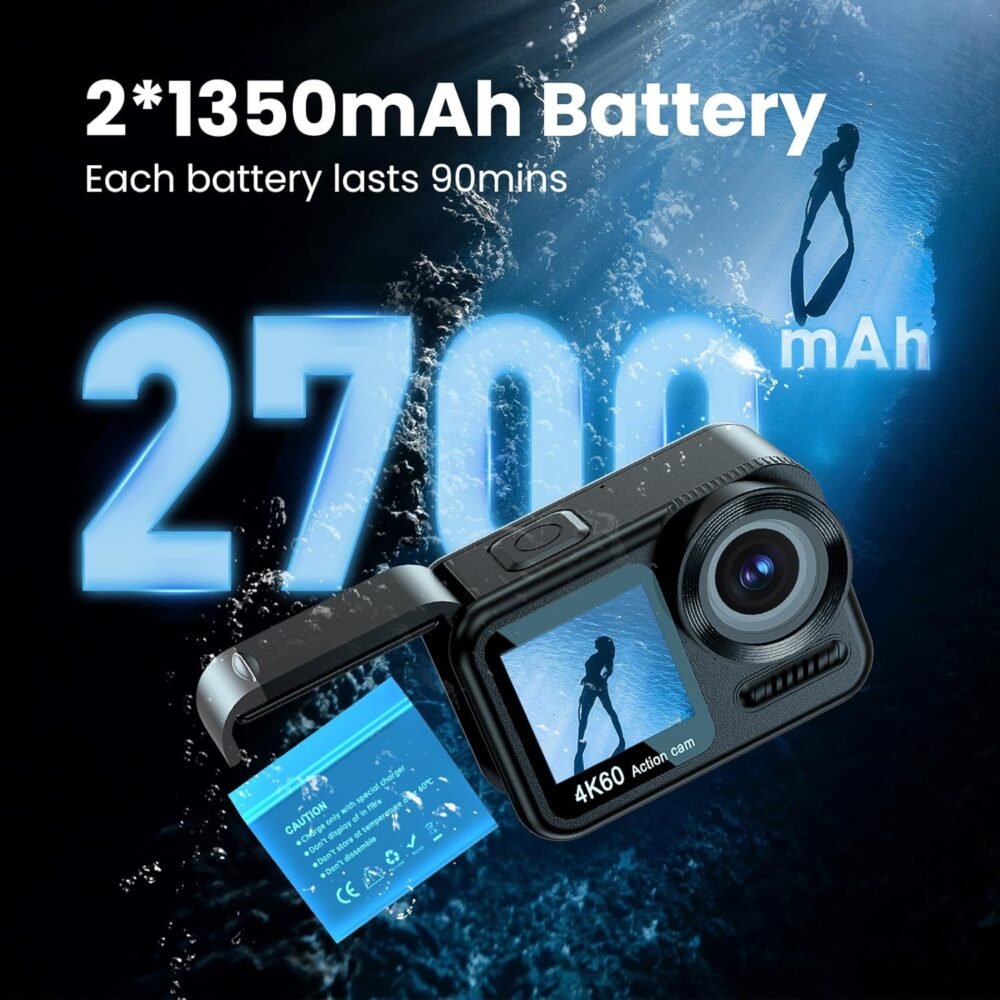 Upgrade 4K60FPS WiFi Action Camera 64MP Waterproof Camera with Touch Rear Screen, 8X Zoom Underwater Camera Snorkeling 65FT No Need a Waterproof Case with 64GB Card, Ideal for Travel Sports Vlog - Image 7