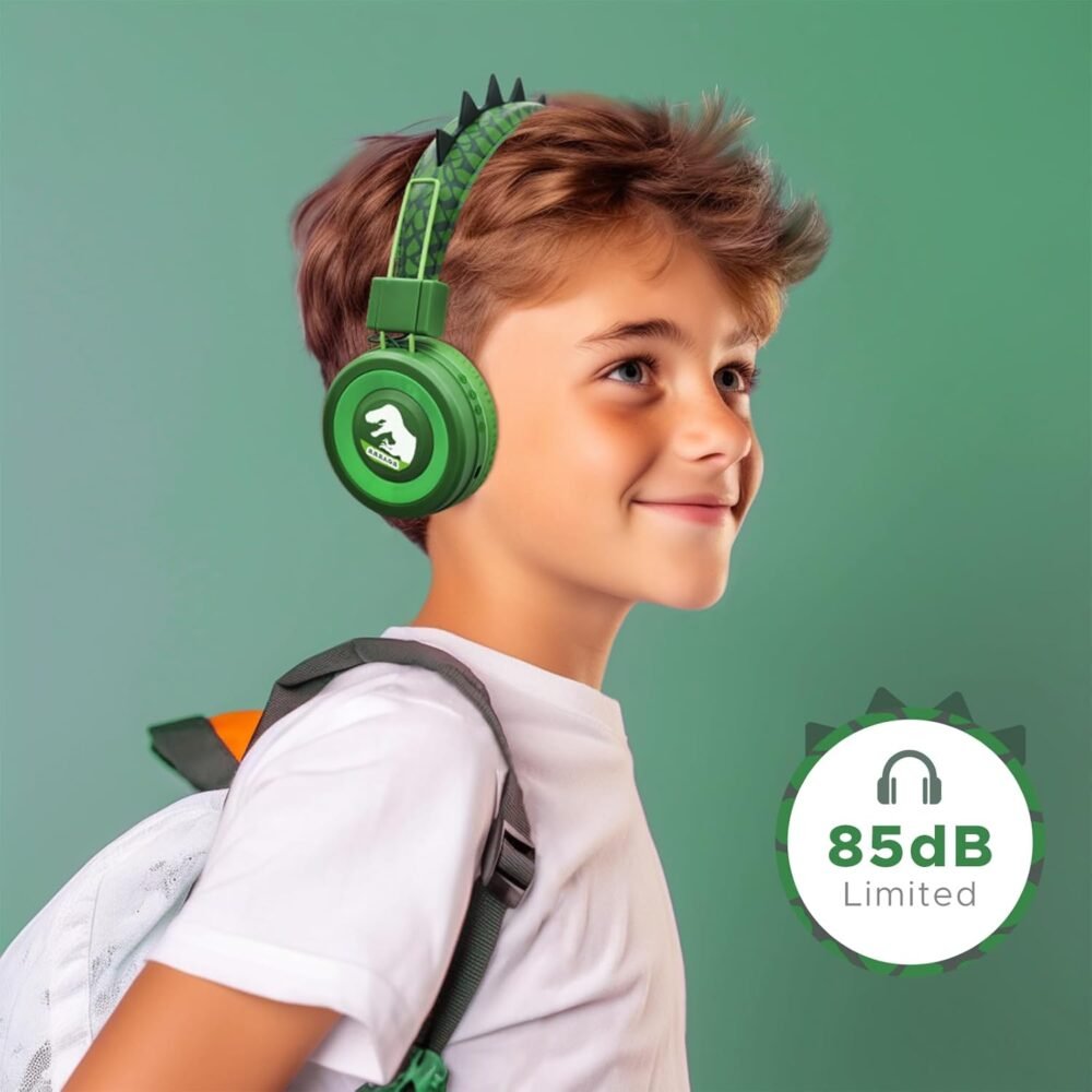 QearFun Kids Bluetooth Headphones, Dinosaur Kids Headphones Wireless with Microphone, Safe Volume 85 dBA, Bluetooth 5.3, Girls Toddler Headphones with Aux Cord for iPad/Tablet/Travel/School, Green - Image 3
