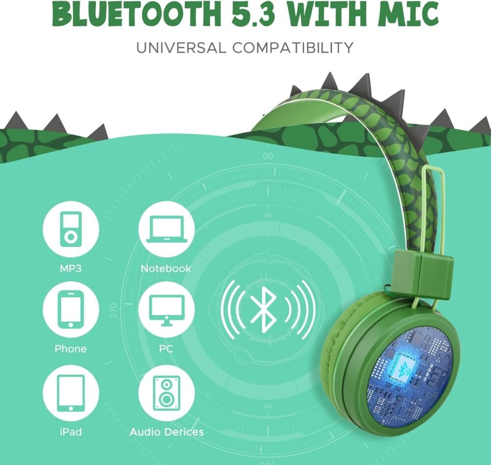 QearFun Kids Bluetooth Headphones, Dinosaur Kids Headphones Wireless with Microphone, Safe Volume 85 dBA, Bluetooth 5.3, Girls Toddler Headphones with Aux Cord for iPad/Tablet/Travel/School, Green - Image 4