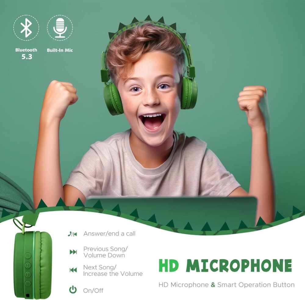 QearFun Kids Bluetooth Headphones, Dinosaur Kids Headphones Wireless with Microphone, Safe Volume 85 dBA, Bluetooth 5.3, Girls Toddler Headphones with Aux Cord for iPad/Tablet/Travel/School, Green - Image 5