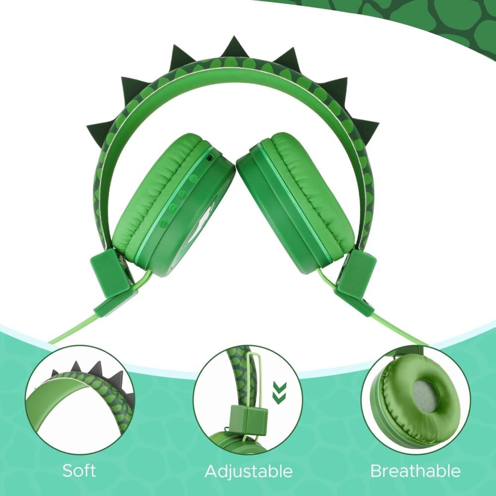 QearFun Kids Bluetooth Headphones, Dinosaur Kids Headphones Wireless with Microphone, Safe Volume 85 dBA, Bluetooth 5.3, Girls Toddler Headphones with Aux Cord for iPad/Tablet/Travel/School, Green - Image 6
