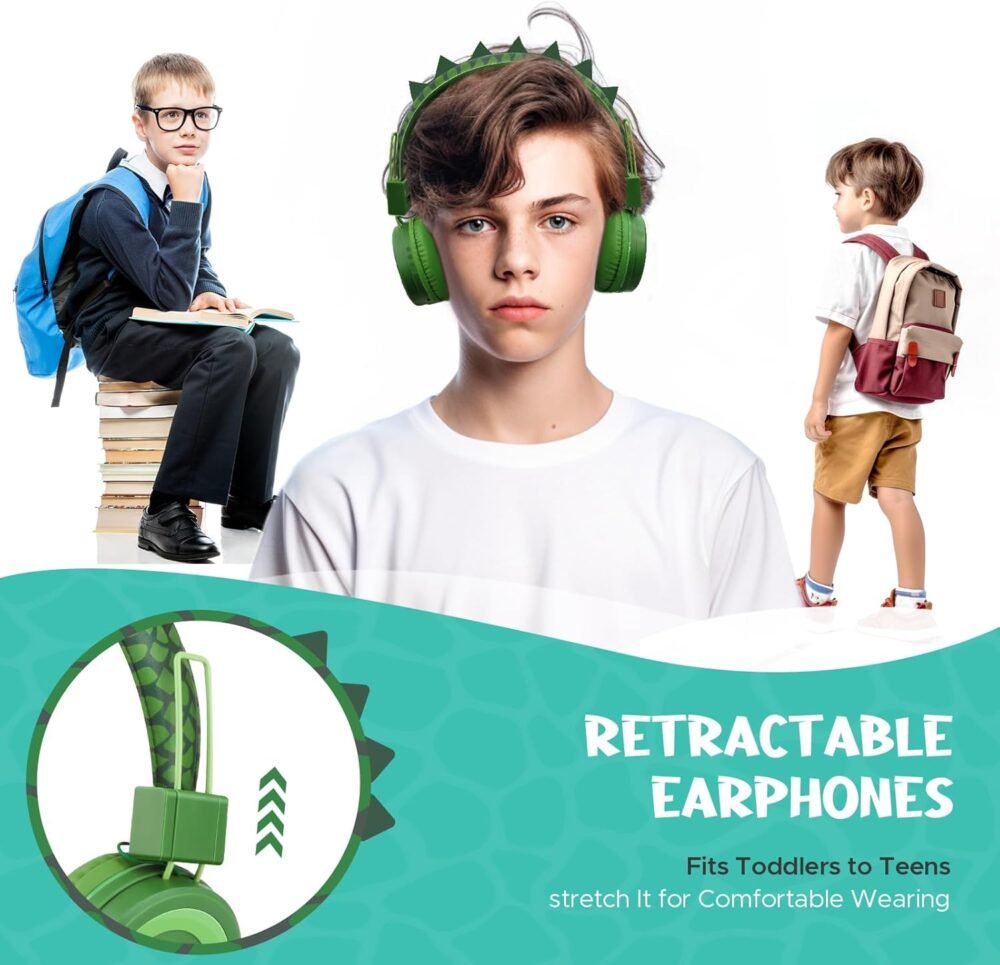 QearFun Kids Bluetooth Headphones, Dinosaur Kids Headphones Wireless with Microphone, Safe Volume 85 dBA, Bluetooth 5.3, Girls Toddler Headphones with Aux Cord for iPad/Tablet/Travel/School, Green - Image 7