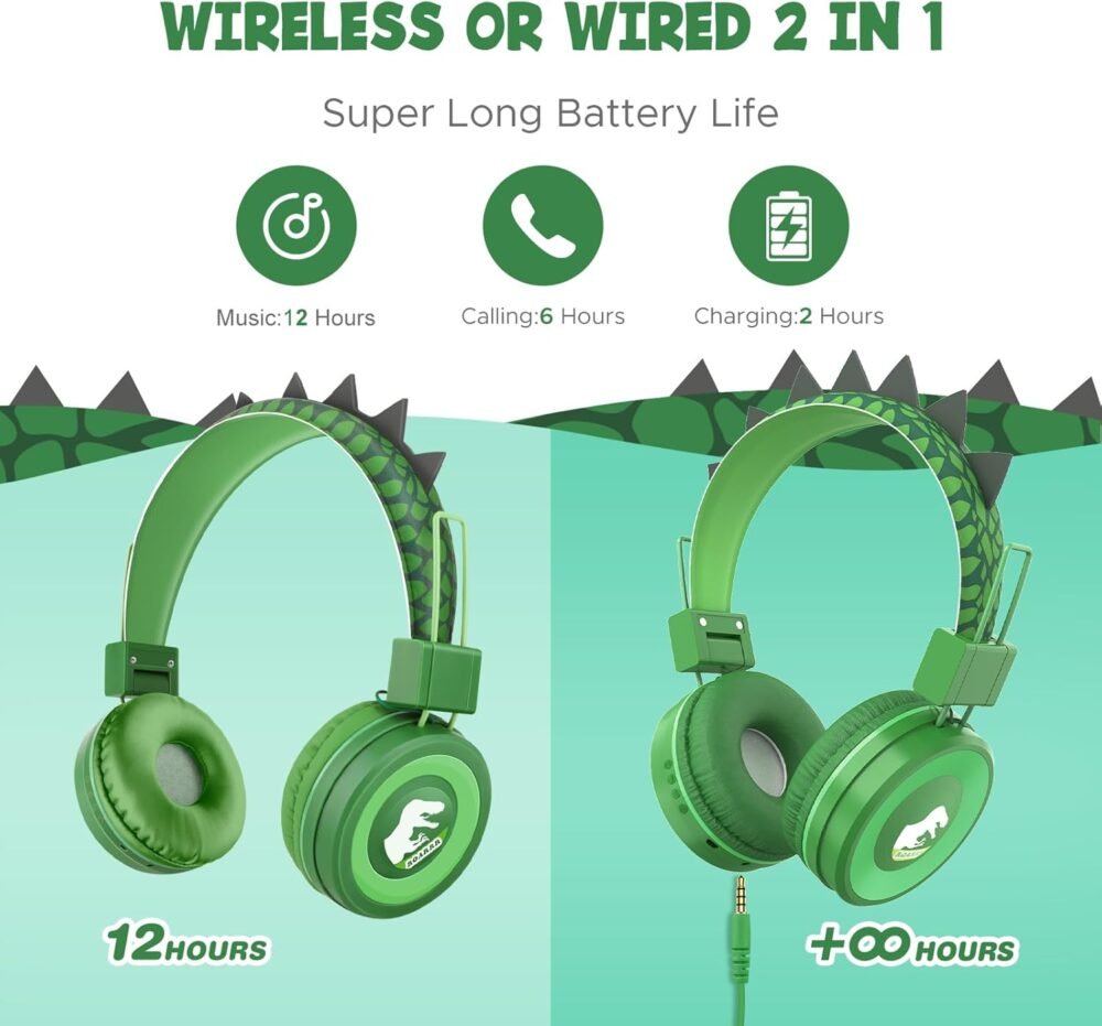 QearFun Kids Bluetooth Headphones, Dinosaur Kids Headphones Wireless with Microphone, Safe Volume 85 dBA, Bluetooth 5.3, Girls Toddler Headphones with Aux Cord for iPad/Tablet/Travel/School, Green - Image 8