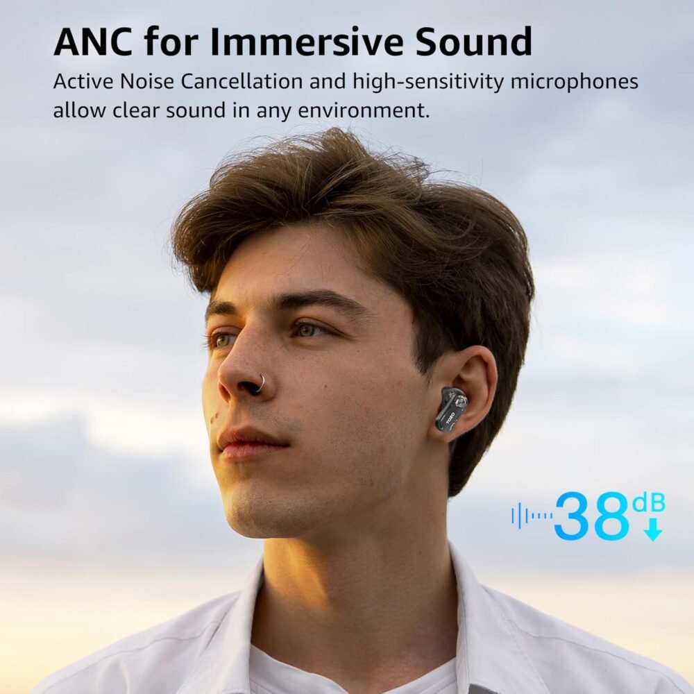 TOZO Hybrid Active Noise Cancelling Wireless Earbuds, 10mm Drivers Deep Bass Stereo Sound, 4 Mics Smart ENC AI Calls, 32 EQ Customization via App, Bluetooth 5.4 Headphones, Crystal Case Design - Image 4