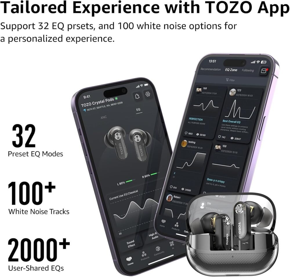 TOZO Hybrid Active Noise Cancelling Wireless Earbuds, 10mm Drivers Deep Bass Stereo Sound, 4 Mics Smart ENC AI Calls, 32 EQ Customization via App, Bluetooth 5.4 Headphones, Crystal Case Design - Image 6