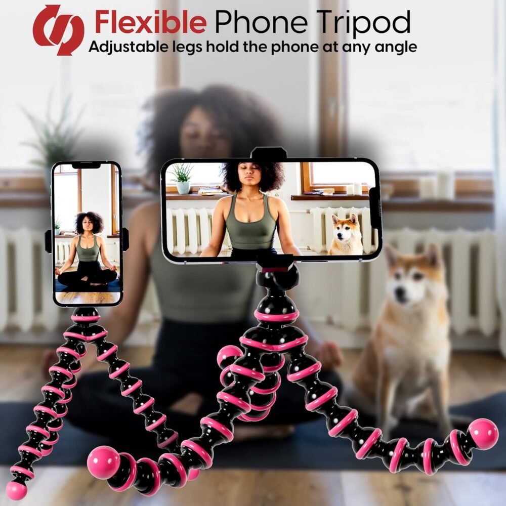 TalkWorks Flexible Tripod for iPhone, Android, Camera - Bendable Legs, Adjustable Stand Holder with Mini Wireless Remote for Selfies, Vlogging, Beauty/Makeup, Live Streaming/Recording - Pink - Image 3