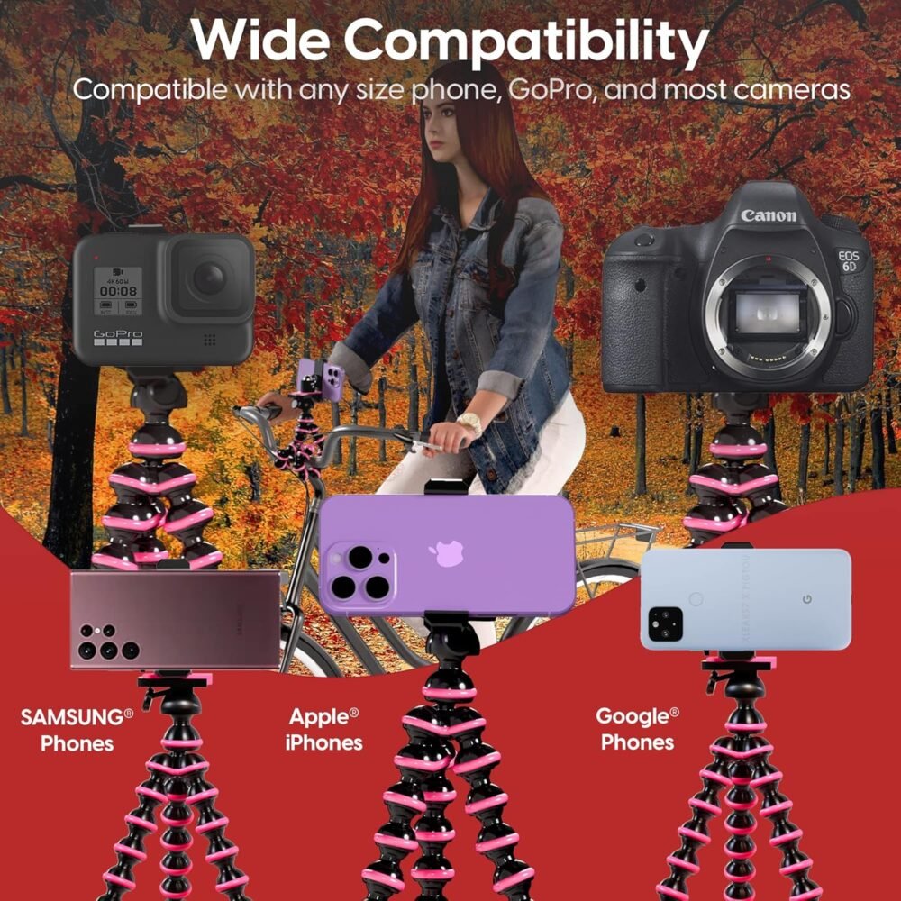 TalkWorks Flexible Tripod for iPhone, Android, Camera - Bendable Legs, Adjustable Stand Holder with Mini Wireless Remote for Selfies, Vlogging, Beauty/Makeup, Live Streaming/Recording - Pink - Image 4