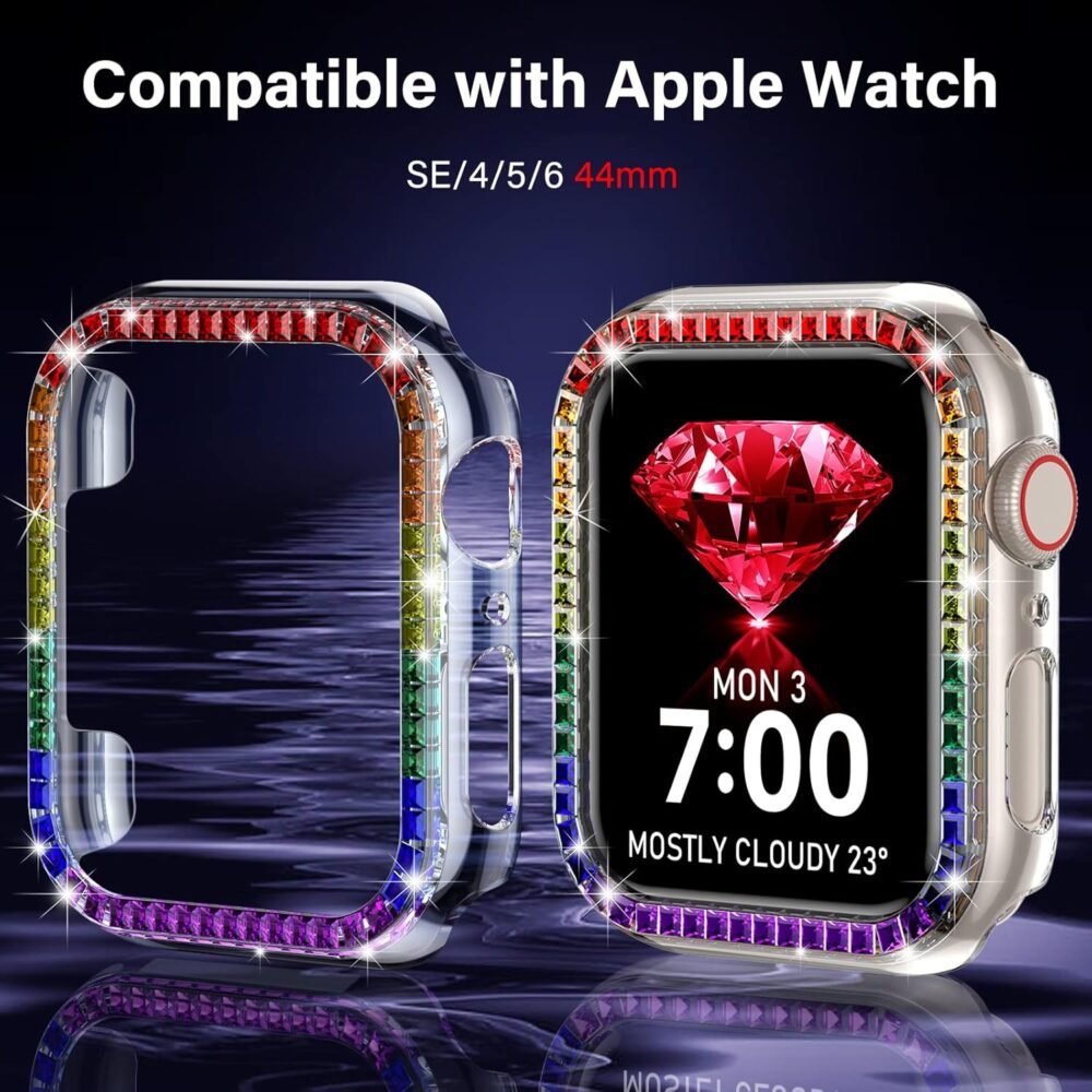 UniqueMe for Apple Watch Case 44mm, for SE/6/5/4 44mm Multicolors Bling iWatch Edge Cover [No Screen Protector] Square Glitter Rhinestone Diamond Protective Bumper Case Replacement, 2 Pack Clear - Image 3