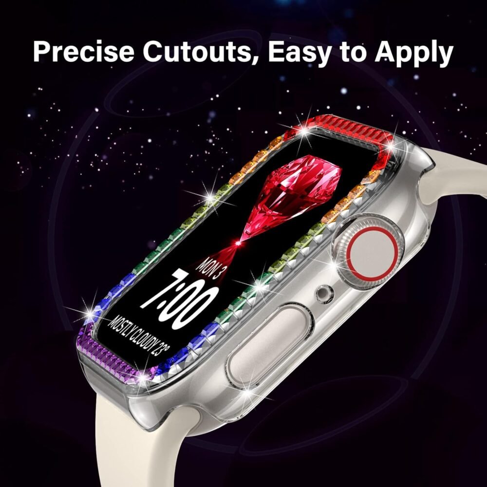 UniqueMe for Apple Watch Case 44mm, for SE/6/5/4 44mm Multicolors Bling iWatch Edge Cover [No Screen Protector] Square Glitter Rhinestone Diamond Protective Bumper Case Replacement, 2 Pack Clear - Image 6