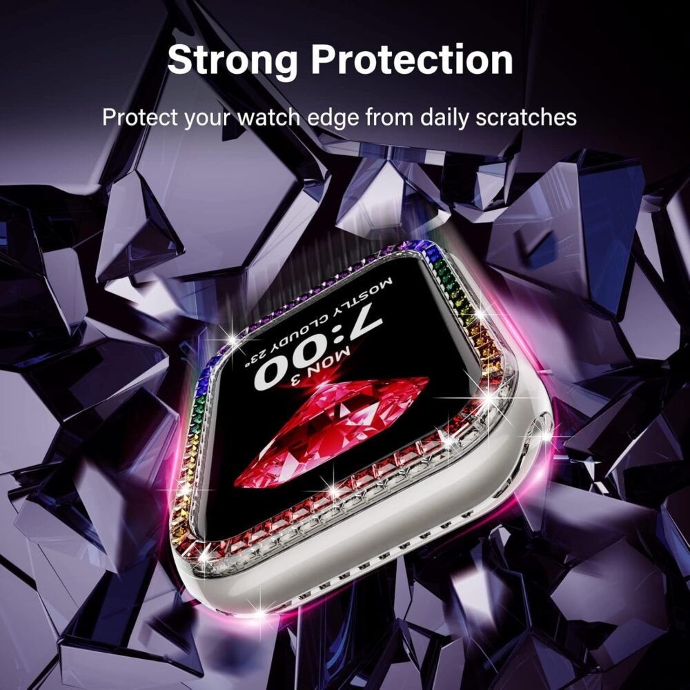 UniqueMe for Apple Watch Case 44mm, for SE/6/5/4 44mm Multicolors Bling iWatch Edge Cover [No Screen Protector] Square Glitter Rhinestone Diamond Protective Bumper Case Replacement, 2 Pack Clear - Image 7