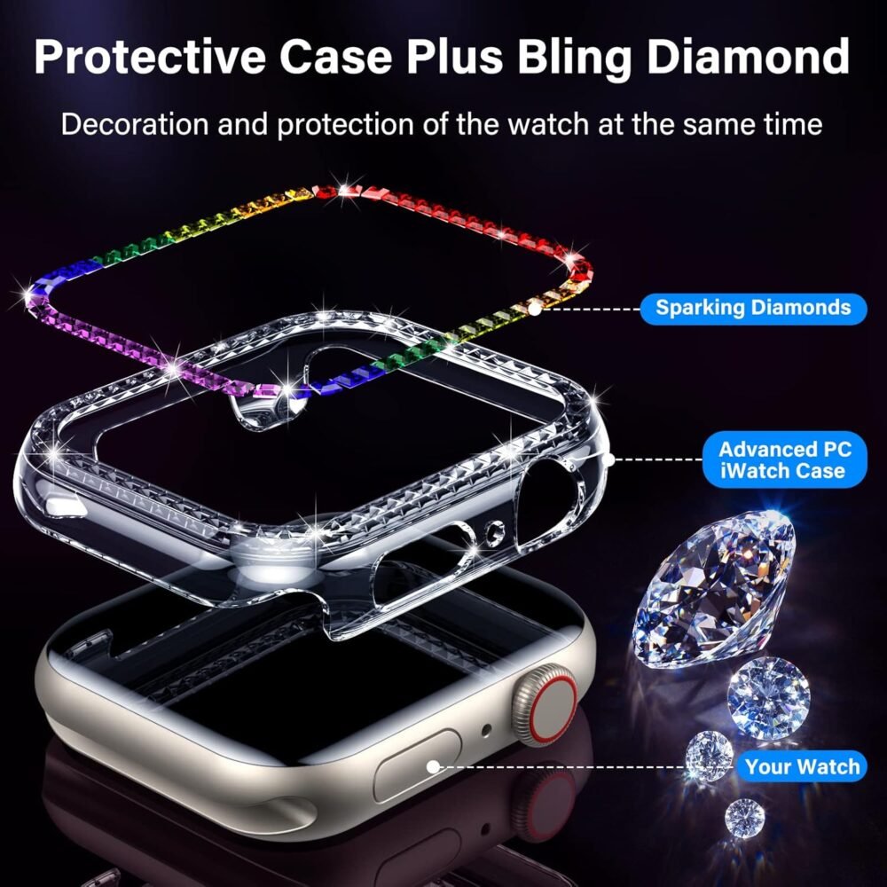 UniqueMe for Apple Watch Case 44mm, for SE/6/5/4 44mm Multicolors Bling iWatch Edge Cover [No Screen Protector] Square Glitter Rhinestone Diamond Protective Bumper Case Replacement, 2 Pack Clear - Image 8