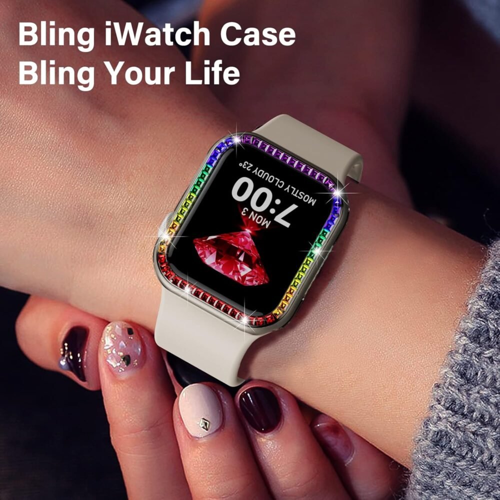 UniqueMe for Apple Watch Case 44mm, for SE/6/5/4 44mm Multicolors Bling iWatch Edge Cover [No Screen Protector] Square Glitter Rhinestone Diamond Protective Bumper Case Replacement, 2 Pack Clear - Image 9