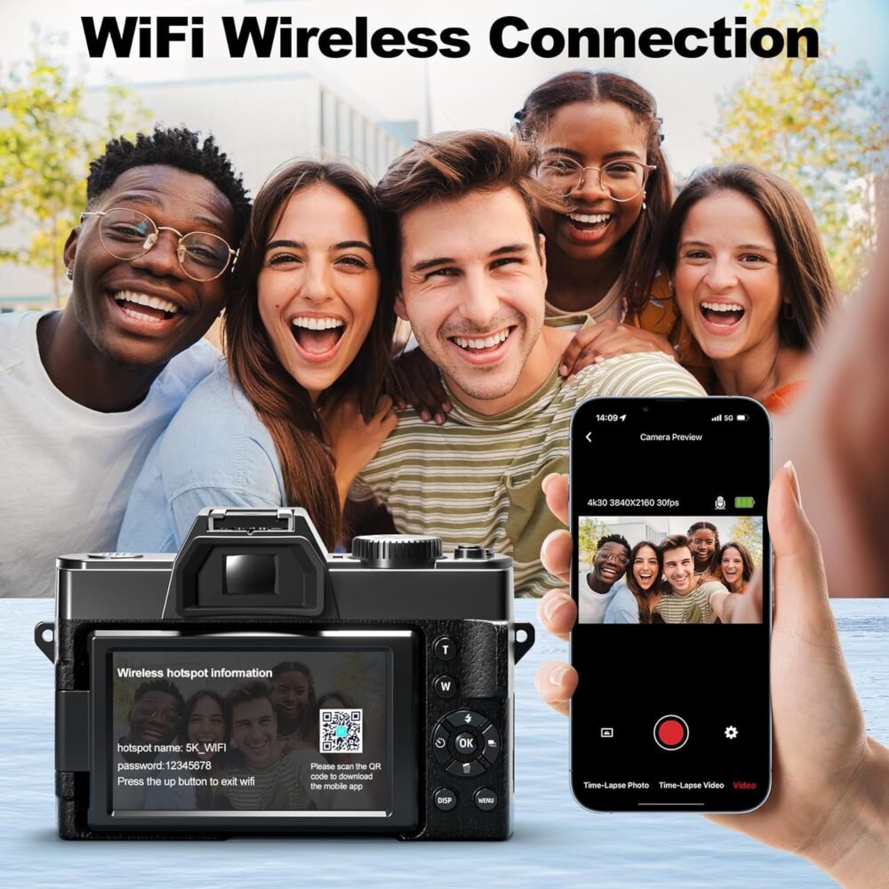 5K Digital Cameras for Photography，48MP/60FPS Video Camera for Vlogging, WiFi & App Control Vlogging for YouTube, Small Camera with 32GB TF Card.Wide-Angle & Macro Lens - Image 8