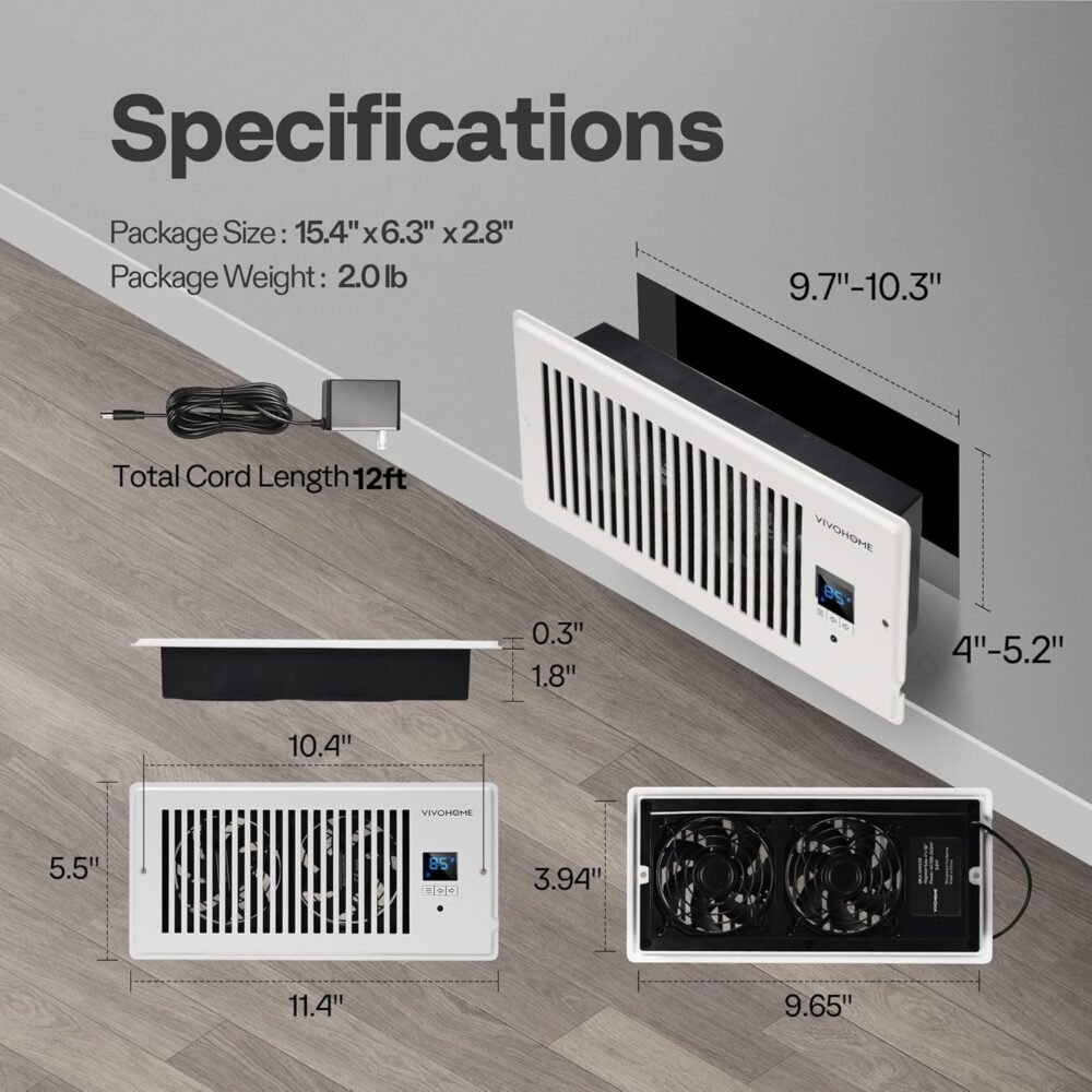 VIVOHOME 4"x10" Smart Vent Register Booster Fan with Intelligent Thermostat & 10-Speed Remote Control - Heating/Cooling AC Vent Booster for Room, Floor, Wall - White - Image 8