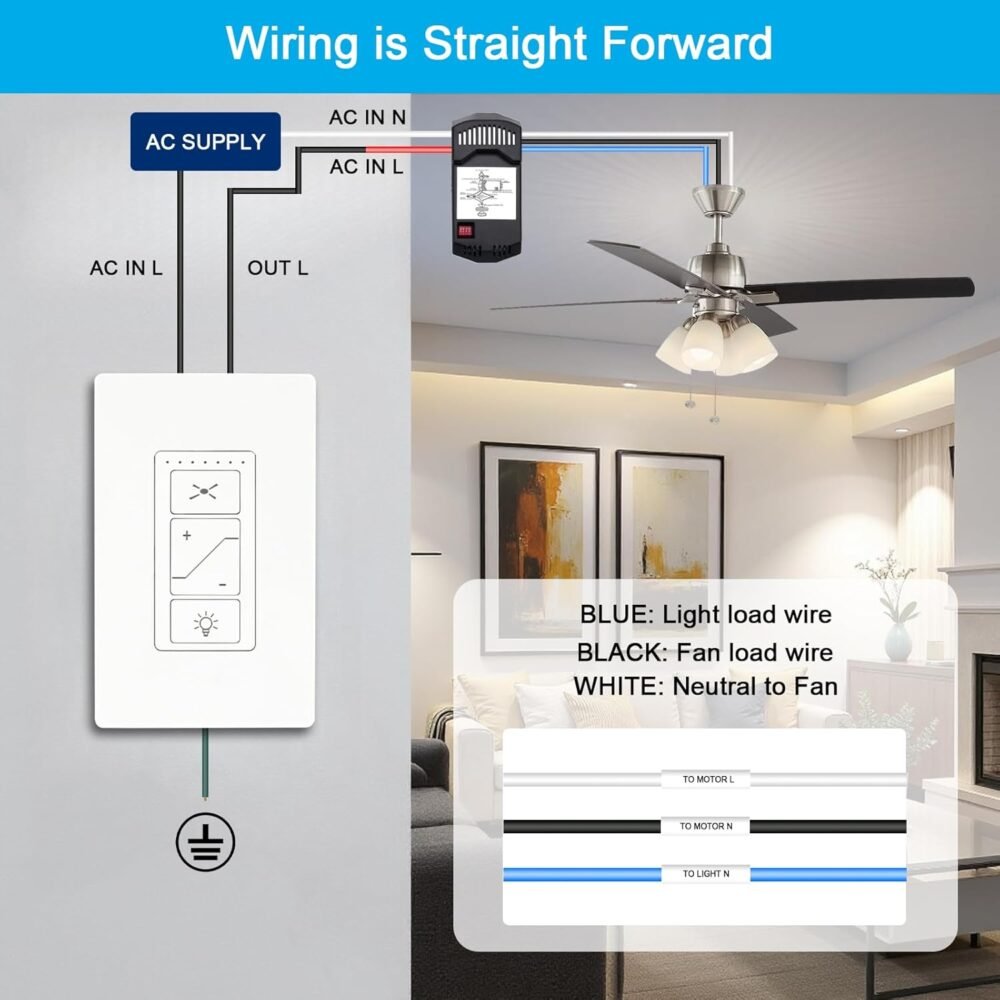 Ceiling Fan Remote Control Kit, Universal Ceiling Fan Remote Control Kit and Dimmer Light Switch Combo, Ceiling Fan Wall Switch UC9050T, Compatible with Hunter Hampton Bay - Image 5