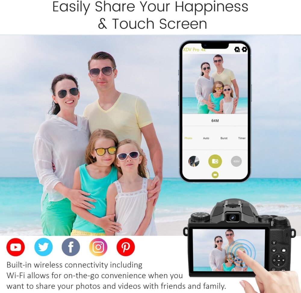 Saneen Digital Camera, 8K Cameras for Photography & Video with 4' Touch Screen with Flash, 32GB Card, 3000mAH Battery, Front & Rear Vlog Cameras-Black - Image 7