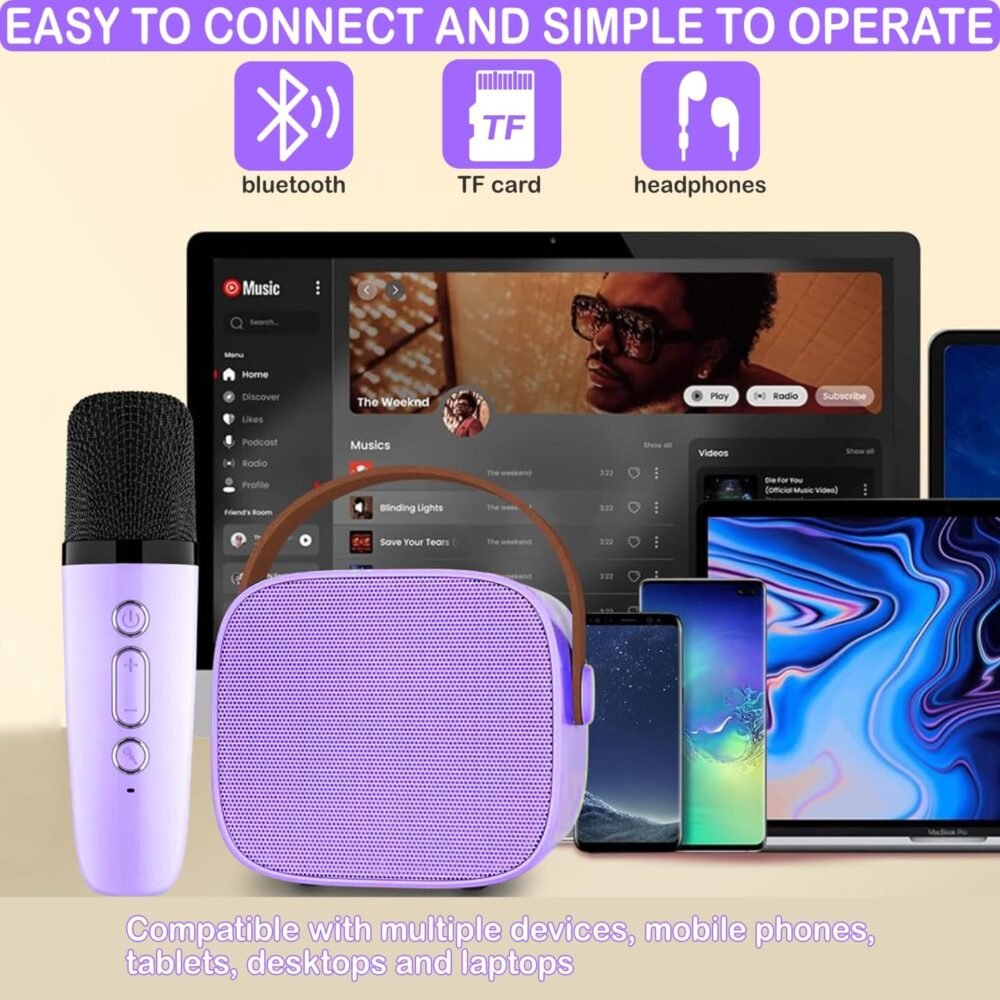 Mini Karaoke Machine for Kids & Adults, Kids Toys for Girls & Boys Gifts, Bluetooth Speaker with 1 Wireless Microphone for Kids Adults Toddler Girls Home Party Birthday Gifts Purple - Image 5