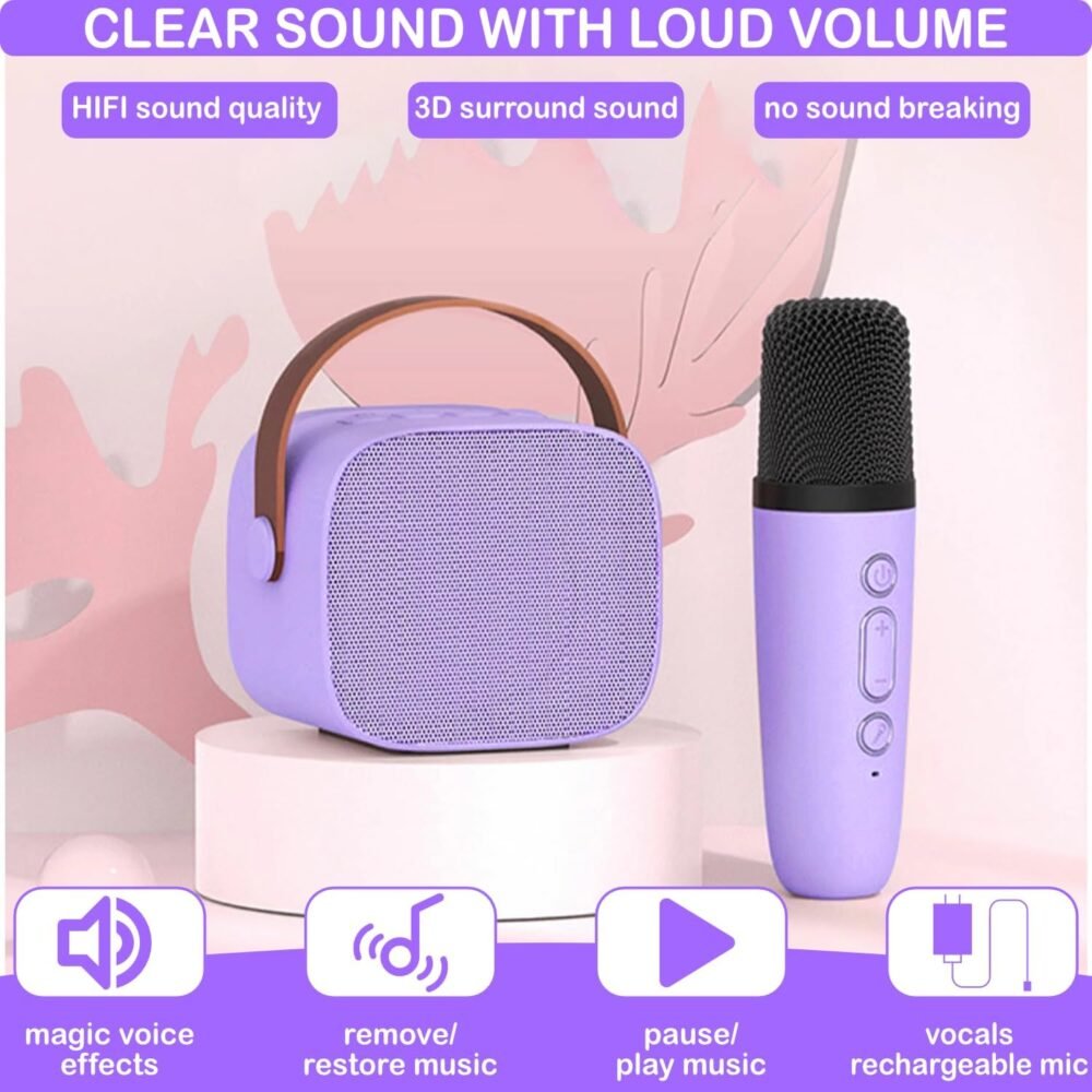 Mini Karaoke Machine for Kids & Adults, Kids Toys for Girls & Boys Gifts, Bluetooth Speaker with 1 Wireless Microphone for Kids Adults Toddler Girls Home Party Birthday Gifts Purple - Image 6