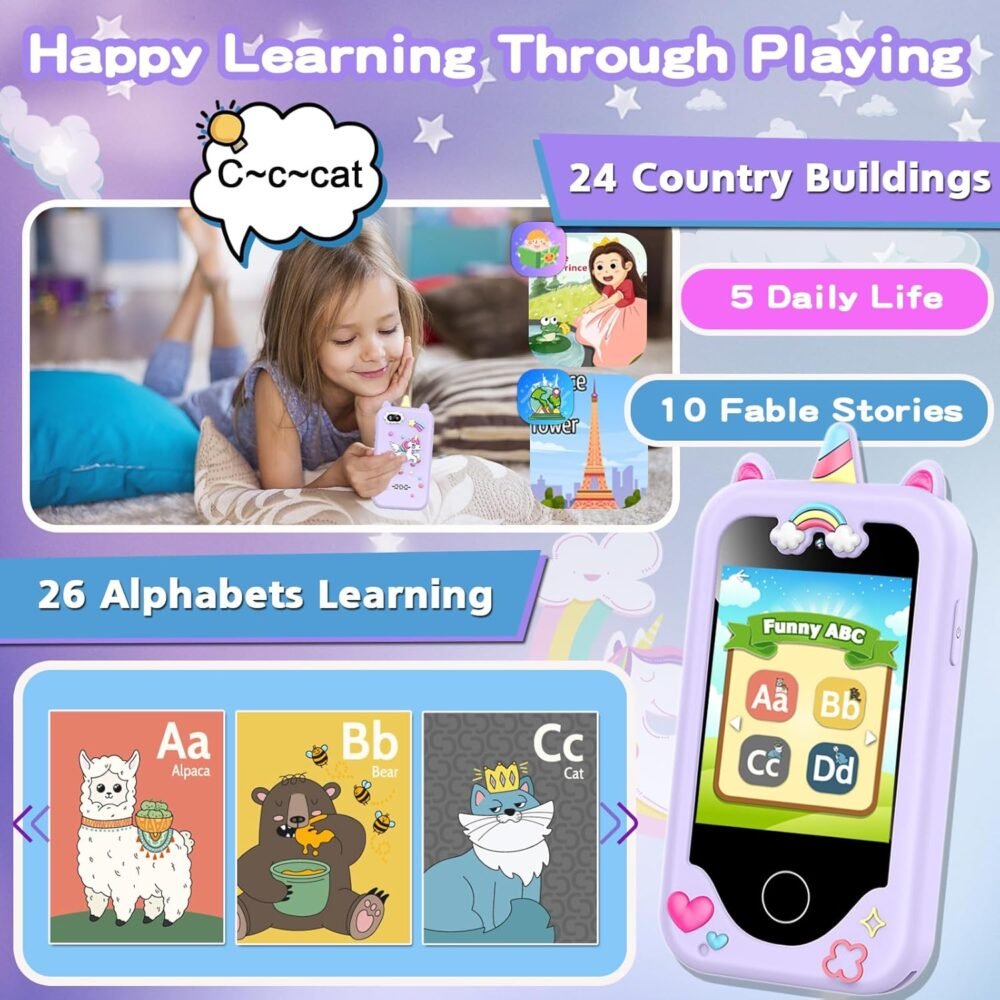 Kids Smart Phone for Girls, Christmas Birthday Gifts for Girls Age 3-10 Kids Toys Cell Phone, 2.8" Touchscreen Toddler Learning Play Toy Phone with Dual Camera, Game, Music Player, 8GB Card Purple - Image 5