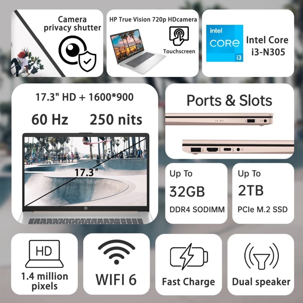 HP Essential 17t Daily Laptop, 17.3-inch Touchscreen, 8 core Intel Processor, 32GB RAM, 1TB SSD, Fingerprint Reader, Wi-Fi 6, Windows 11 Home, Rose, Bundle with PCO Notebook Fold Radiator, Cooler - Image 3