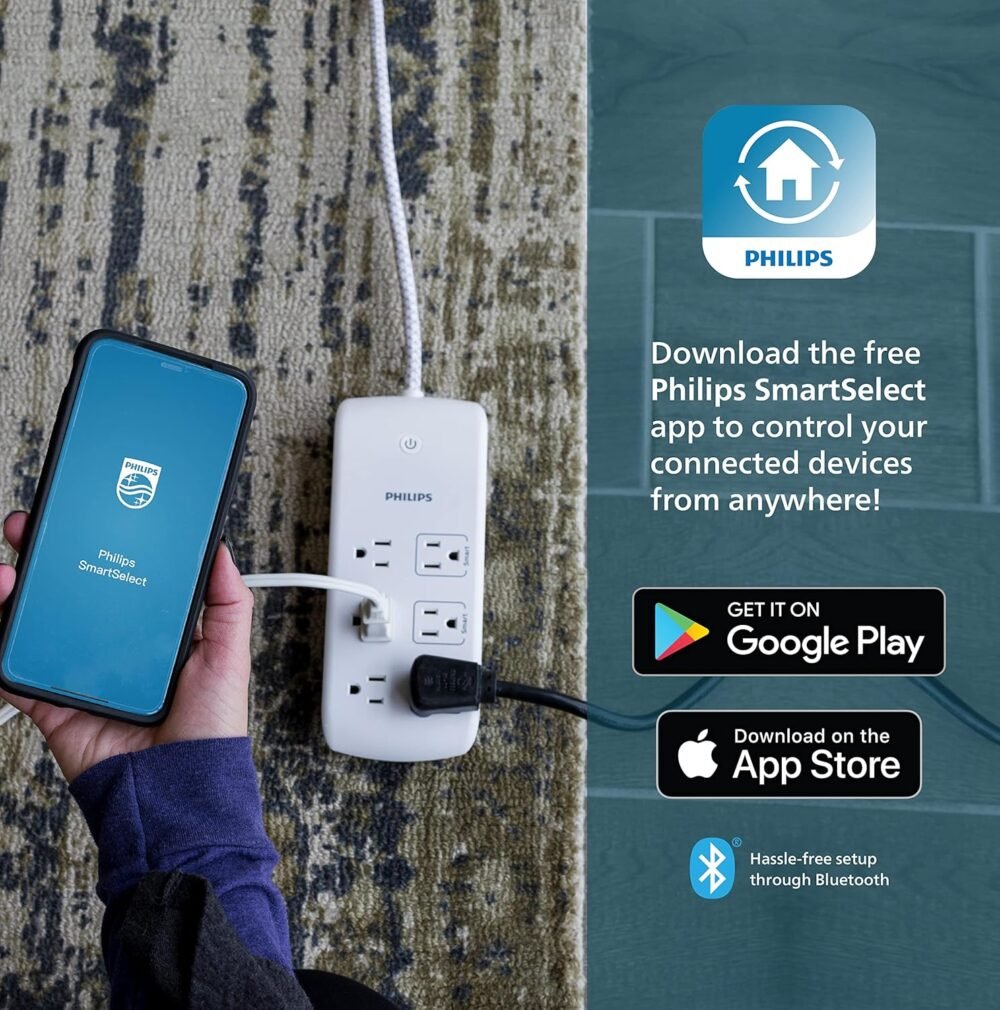 Philips 6 Outlet Smart Surge Protector, 4 Ft Braided Cord, Individual Control, 1080 Joule, Compatible with Alexa, Google Home, Bluetooth Set Up, No Hub Required, ETL Listed, White, SPP9034WB/37 - Image 5