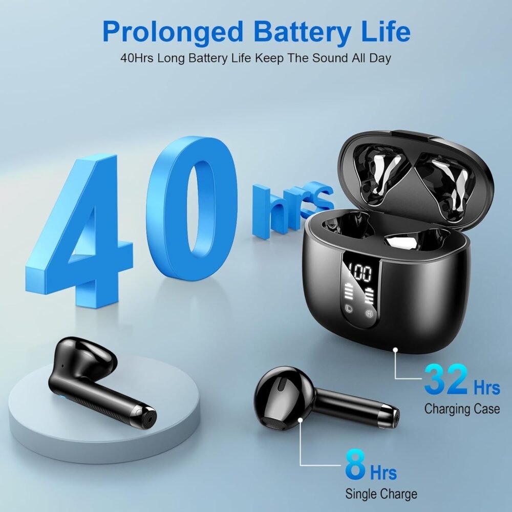 Wireless Earbuds, Bluetooth Headphones V5.4 Stereo Bass Ear buds with ENC Noise Cancelling Mics, 40H Bluetooth Earbuds with LED Display Charging Case, IP7 Waterproof Earphones for Android iOS, Black - Image 3